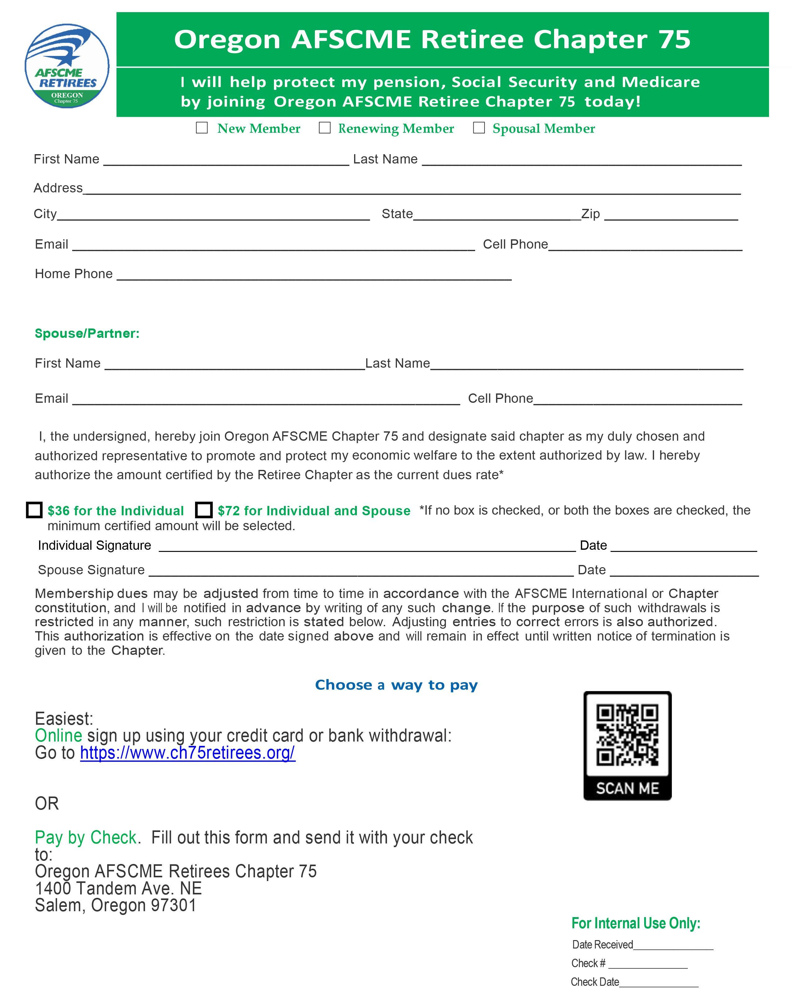 A membership application for the Oregon AFSCME Retirees Chapter